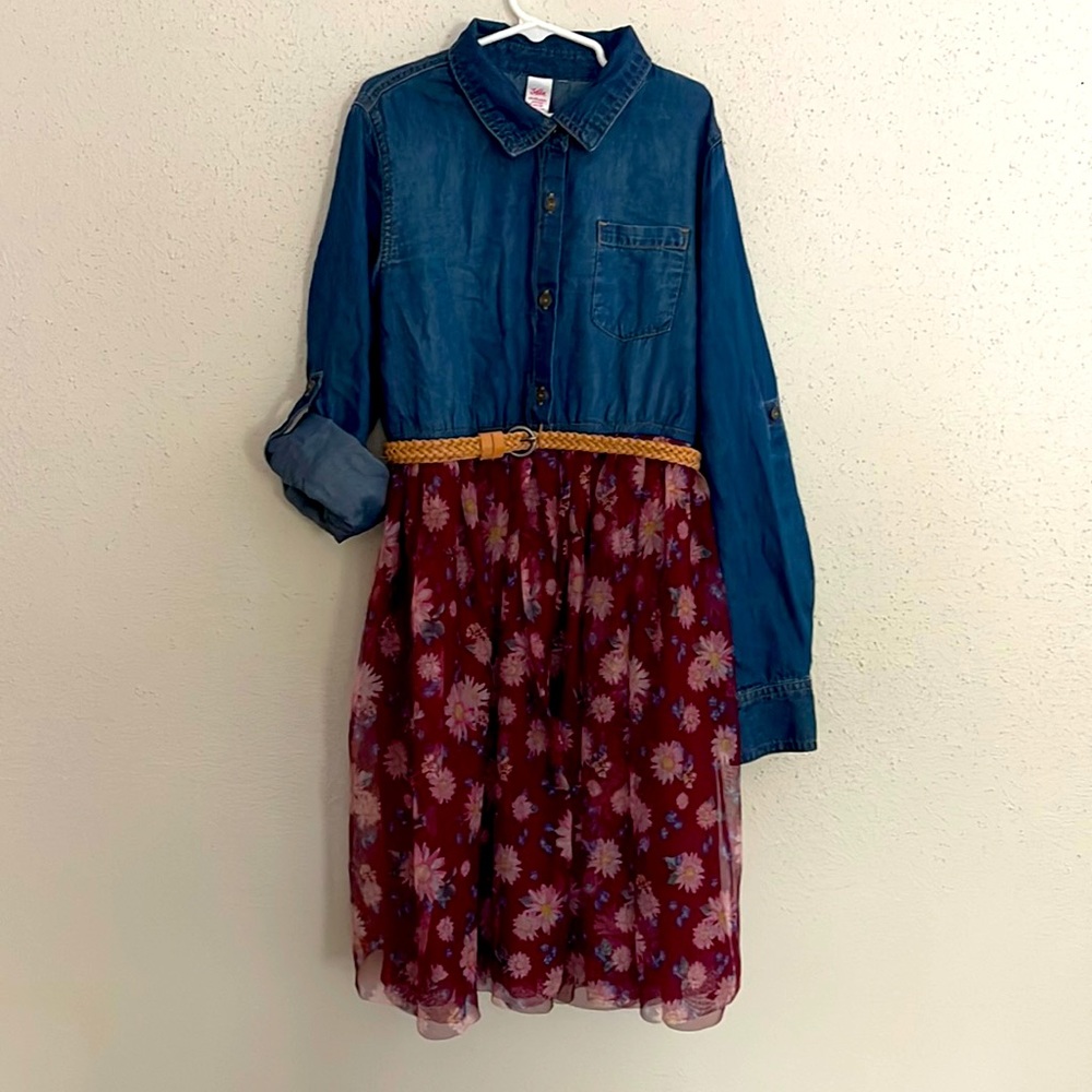 Casual dress with floral skirt.